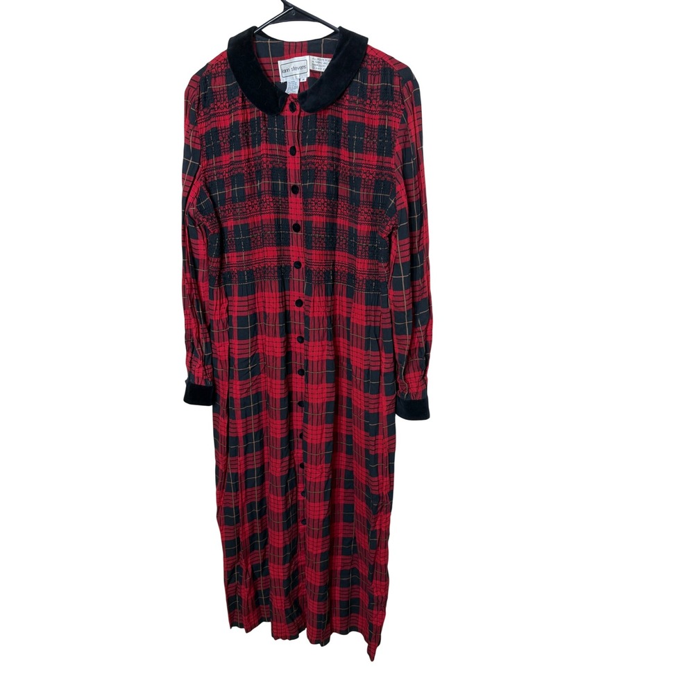 Vintage Karin Stevens Red Black Plaid Maxi Dress Velvet Collar Button Frontโ 14